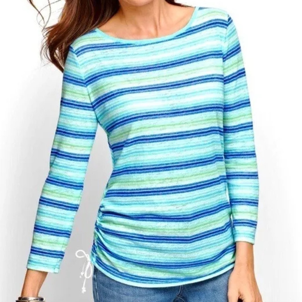 Talbots Women M Linen Blend Stripe Sheer Lightweight 3/4 Sleeves Side Tie Tee
